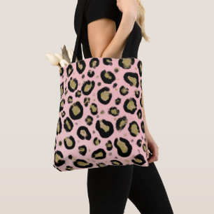 Pink Gold Glitter & Black Leopard Cheetah Print Tote Bag