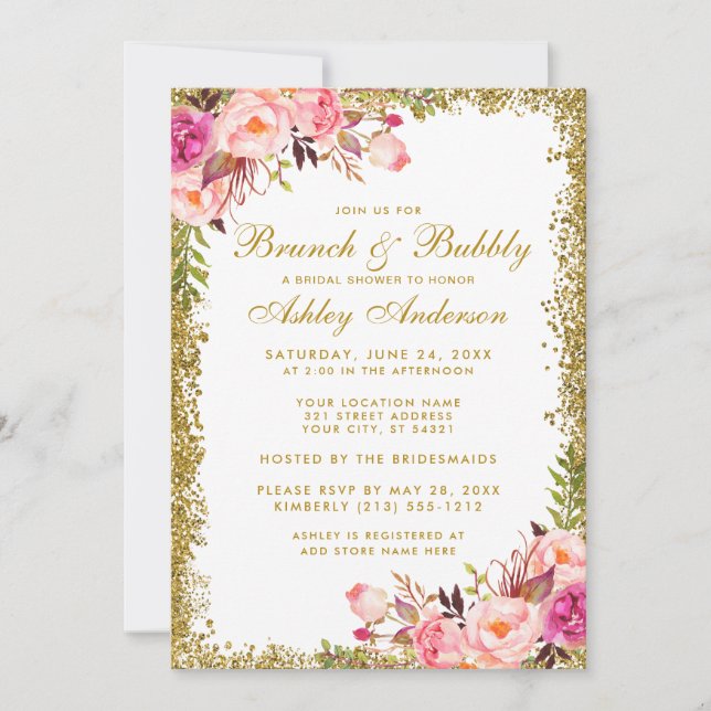 Pink Gold Glitter Bridal Shower Brunch Invite (Front)