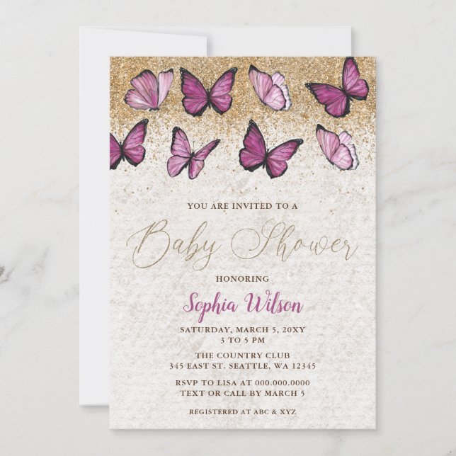 Pink Gold Glitter Butterfly Baby Shower Invitation (Front)