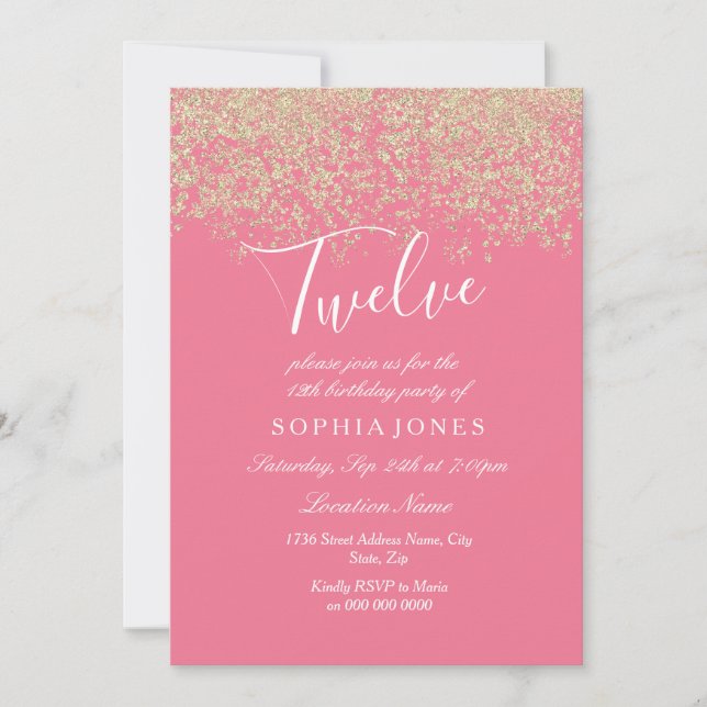Pink Gold Glitter Confetti 12th birthday party Invitation (Front)