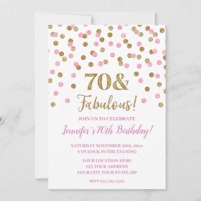 Pink Gold Glitter Confetti 70 and Fabulous Invitation (Back)
