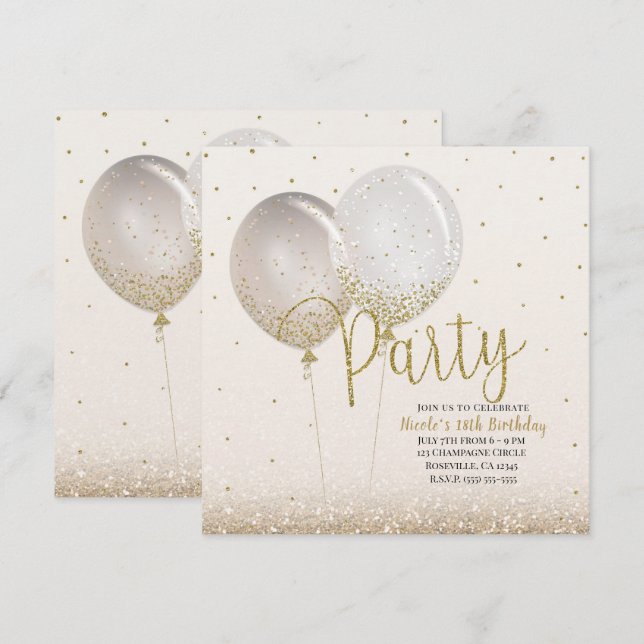 Pink Gold Glitter Confetti Balloons Birthday Party Invitation (Front/Back)
