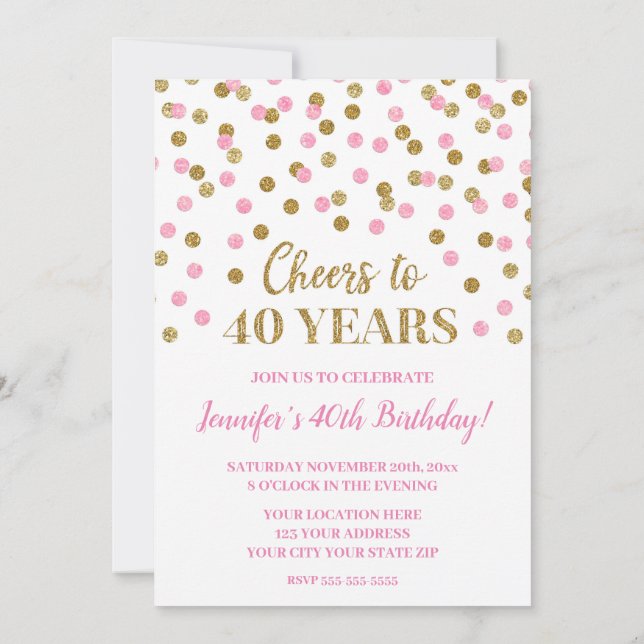 Pink Gold Glitter Confetti Cheers to 40 Years Invitation (Back)