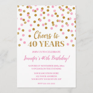 Pink Gold Glitter Confetti Cheers to 40 Years Invitation