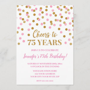 Pink Gold Glitter Confetti Cheers to 75 Years Invitation