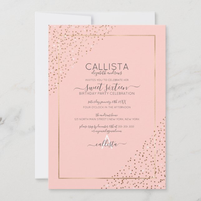 Pink Gold Glitter Confetti Corners Sweet 16 Invitation (Front)