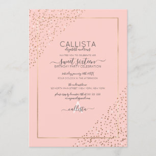Pink Gold Glitter Confetti Corners Sweet 16 Invitation