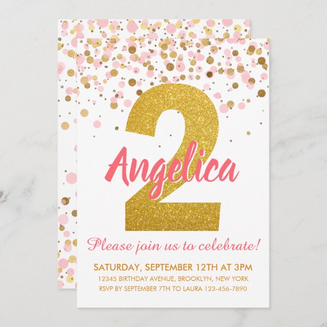 Pink Gold Glitter Confetti Girl Second Birthday Invitation (Front/Back)