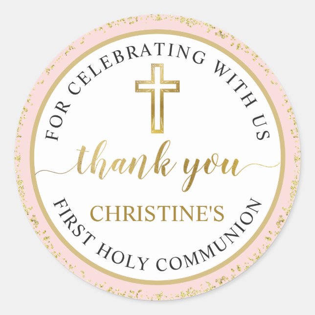 Pink Gold Glitter First Holy Communion Thank You  Classic Round Sticker (Front)