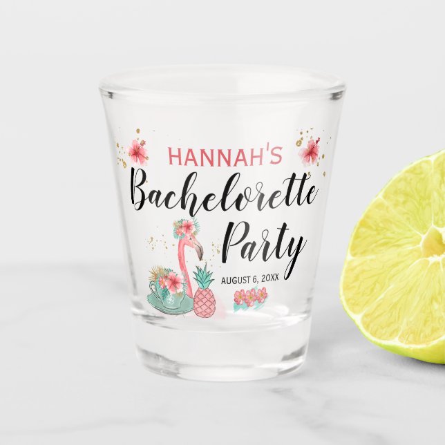Pink Gold Glitter Flamingo Bachelorette Party Shot Glass (Front)