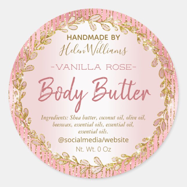 Pink Gold Glitter Foil Lines Body Butter Labels (Front)