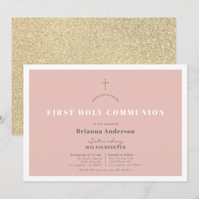 Pink Gold Glitter Girl First Holy Communion Invitation (Front/Back)