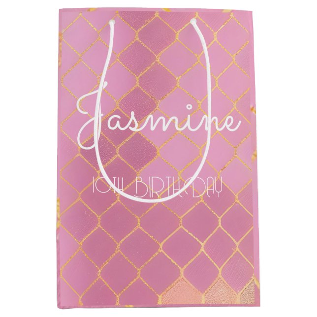Pink Gold Glitter Girl's Birthday Medium Gift Bag (Front)