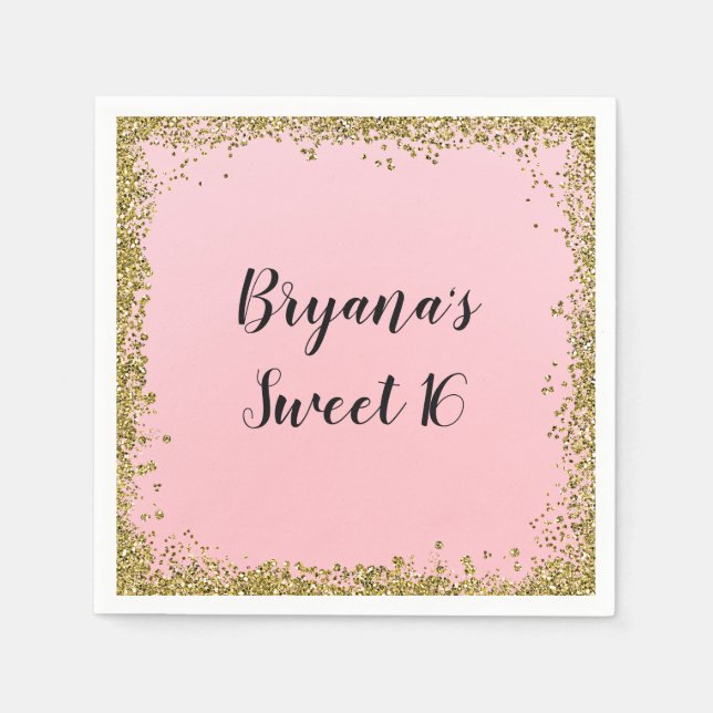 Pink Gold Glitter Glam Edge Sweet 16 Custom Party Napkin (Front)