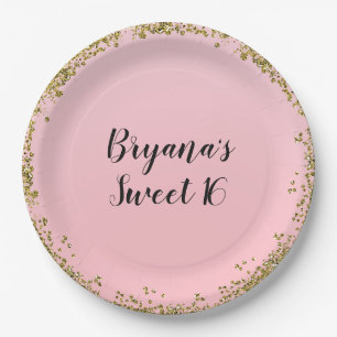 Pink Gold Glitter Glam Edge Sweet 16 Custom Party Paper Plate
