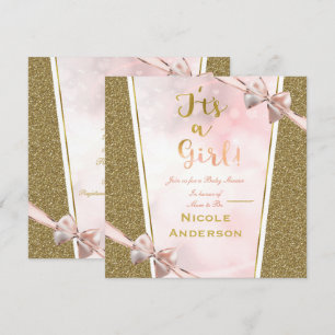 Pink Gold Glitter Glam It's a Girl Bow Baby Shower Invitation