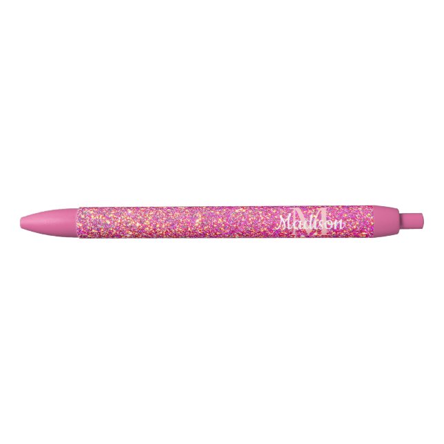 Pink Gold Glitter Glam Sparkle Personalized Black Ink Pen (Front)