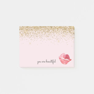Pink Gold Glitter Glam Watercolor Kiss Post-it Notes
