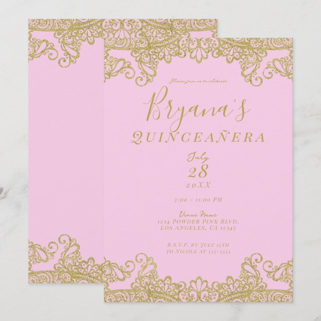 Pink & Gold Glitter Lace Elegant Quinceañera  Invitation (Front/Back)