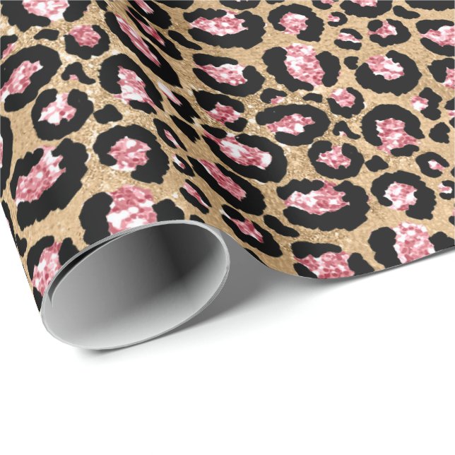 Pink Gold Glitter Leopard Animal Print Wrapping Paper (Roll Corner)