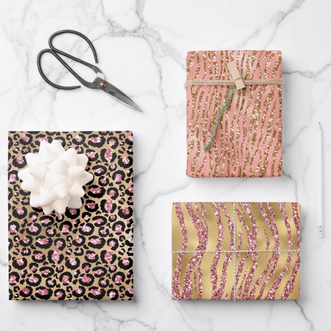 Pink Gold Glitter Leopard Animal Print Wrapping Paper Sheet (Front)
