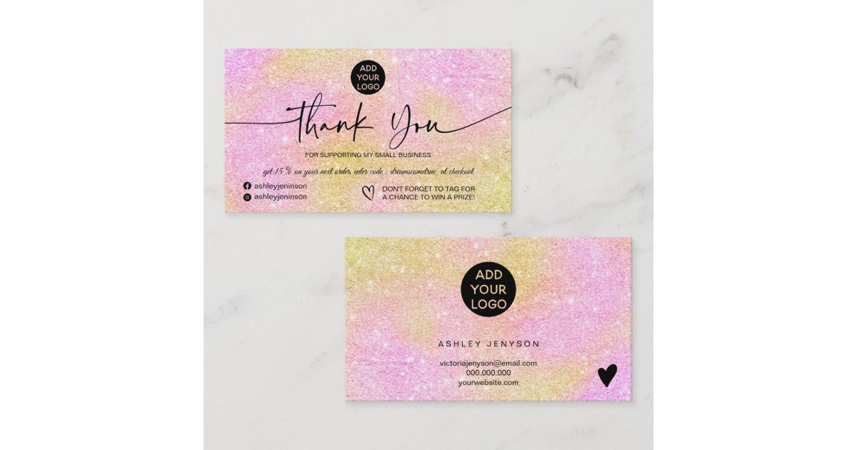 Pink gold glitter logo order thank you business card | Zazzle