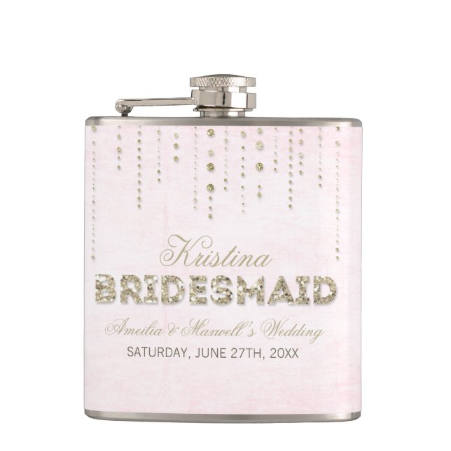 Pink & Gold Glitter Look Bridesmaid Flask (Front)