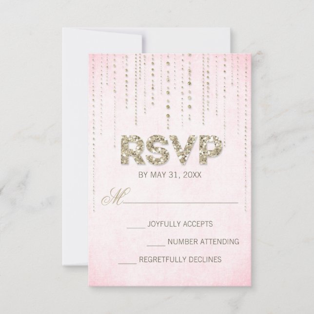 Pink & Gold Glitter Look Wedding RSVP Card (Front)