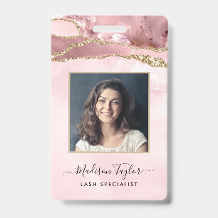 Pink Gold Glitter Marble Agate Logo Business ID Badge