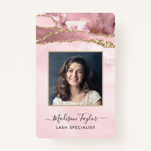 Pink Gold Glitter Marble Agate Logo Business ID Badge