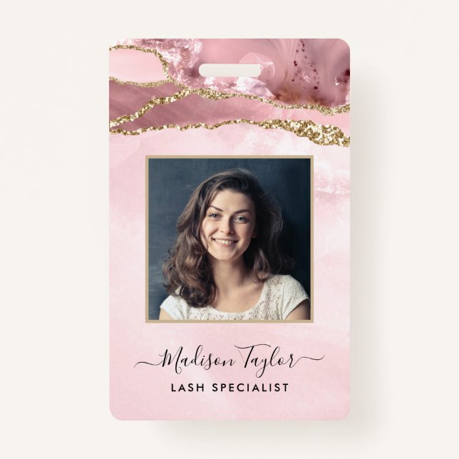 Pink Gold Glitter Marble Agate Logo Business ID Badge (Front)