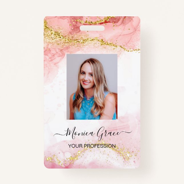 Pink Gold Glitter Marble Agate Logo Business ID Badge (Front)