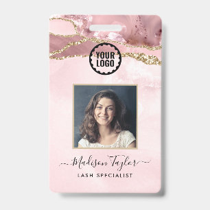 Pink Gold Glitter Marble Agate Photo Business Logo Badge
