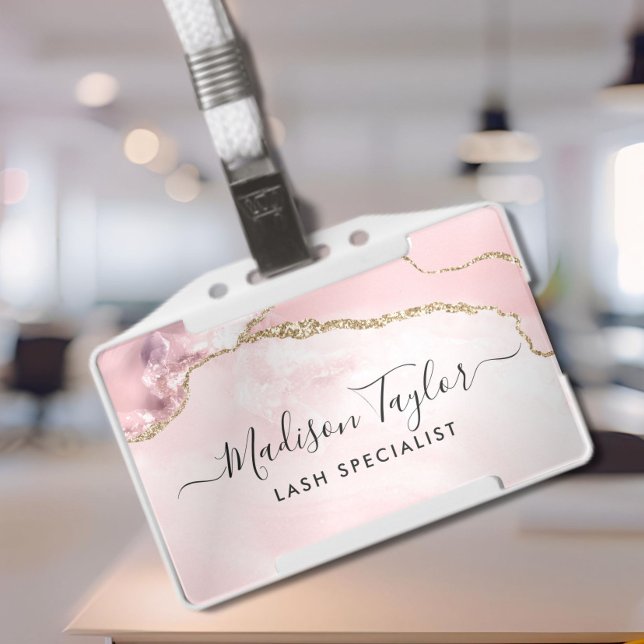 Pink Gold Glitter Marble Agate Salon Business ID Badge (Creator Uploaded)