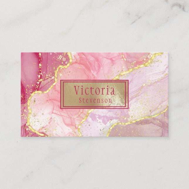 Pink Gold Glitter Marble Geode Monogram Agate Business Card (Front)