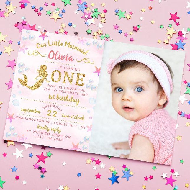 Pink & Gold Glitter Mermaid Photo 1st Birthday Invitation (Creator Uploaded)