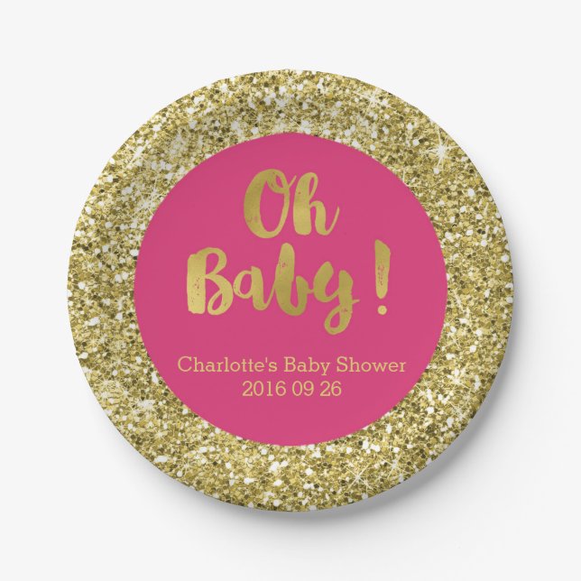 Pink Gold Glitter Oh Baby Baby Shower Plate (Front)
