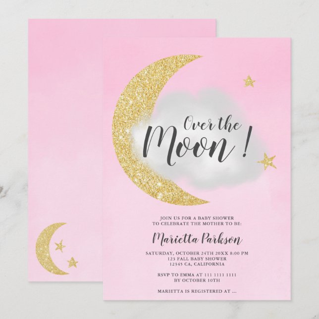 Pink gold glitter over the moon star baby shower invitation (Front/Back)
