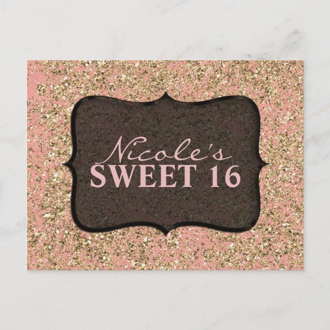 Pink & Gold Glitter Party Black Glam Invitation Postcard (Front)