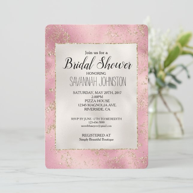 Pink Gold Glitter Pearl White Bridal Shower Invitation (Standing Front)