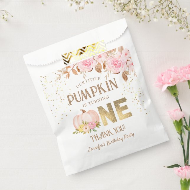 Pink Gold Glitter Pumpkin Floral Girl 1st Birthday Favour Bag (Sealed)