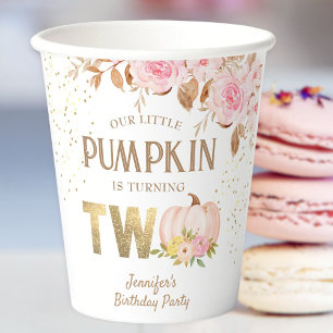 Pink Gold Glitter Pumpkin Floral Girl 2nd Birthday Paper Cups