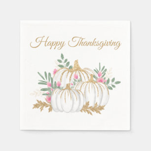 Pink Gold Glitter Pumpkin Floral Thanksgiving Napkin