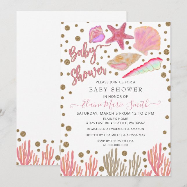 Pink Gold Glitter Seashells Sea Beach Baby Shower Invitation (Front/Back)