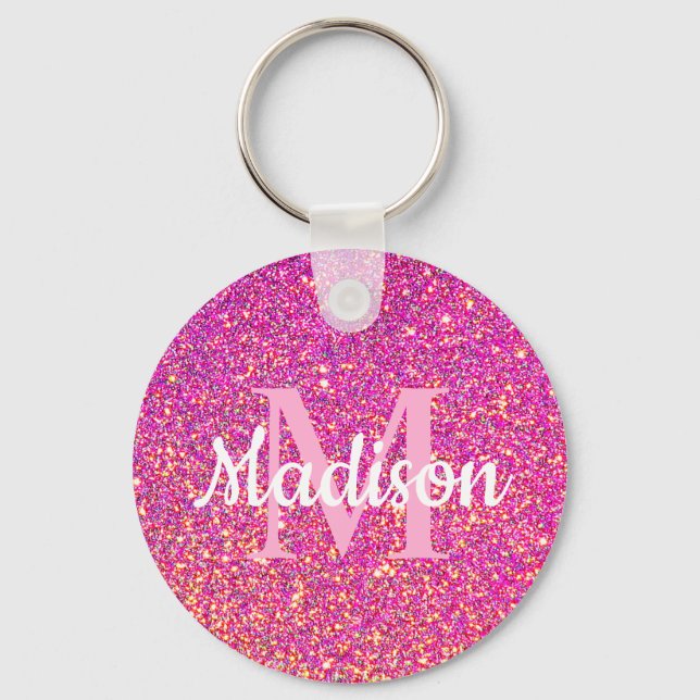 Pink Gold Glitter Sparkle Chic Monogram Name Keychain (Front)