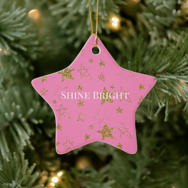 Pink Gold Glitter Stars Ceramic Ornament (Tree)