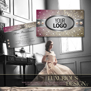 Pink Gold Glitter Stars Rhinestones Logo Silver Business Card
