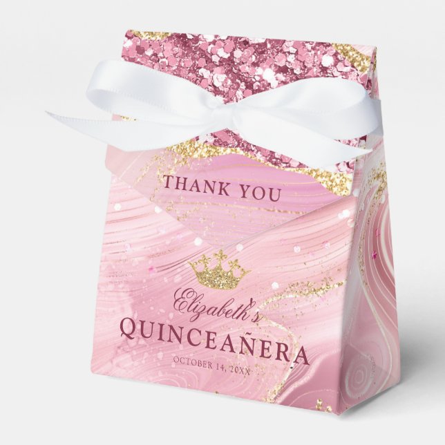 Pink Gold Glitter Tiara Agate 15th Quinceañera Favor Box (Front Side)