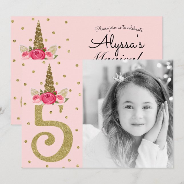Pink Gold Glitter Unicorn 5 5th Birthday Party Invitation (Front/Back)
