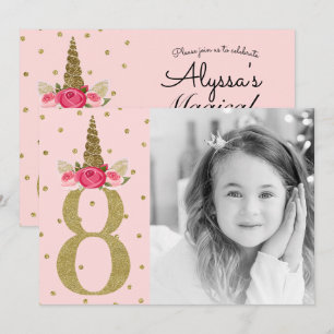 Pink Gold Glitter Unicorn 8 8th Birthday Party Invitation